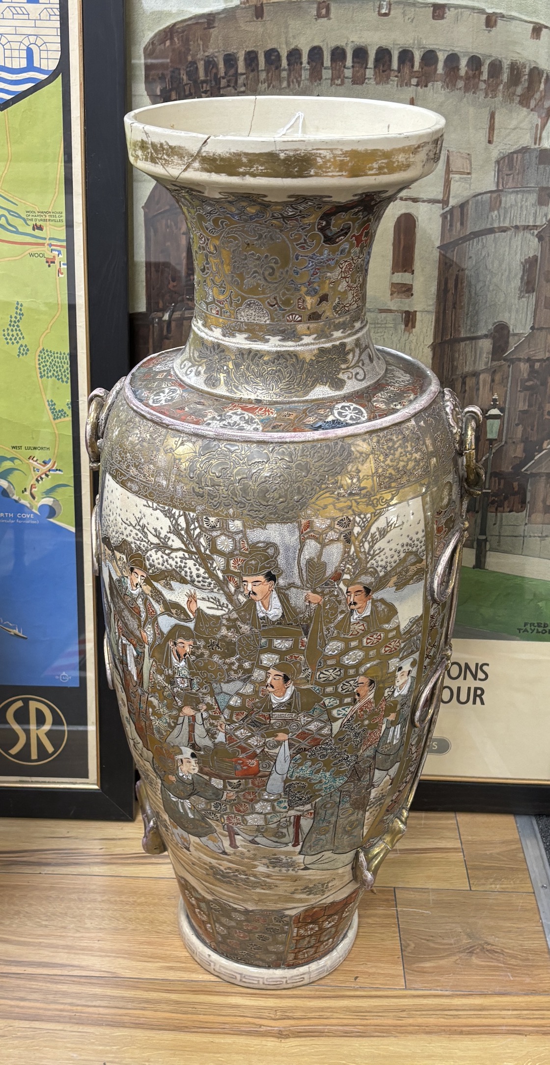 A massive Japanese Satsuma pottery vase, 89cm high (neck repaired)